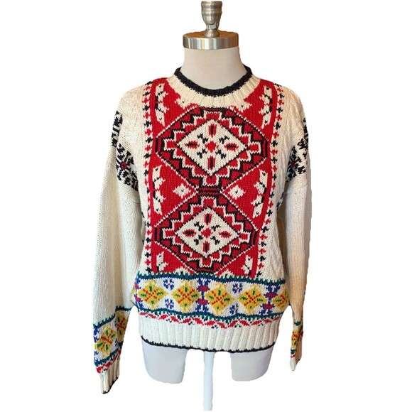 Lizwear Vintage Sweater Hand Knitted Cable Ribbed Nordic Fair Isle Ski Sz Large - Picture 1 of 11